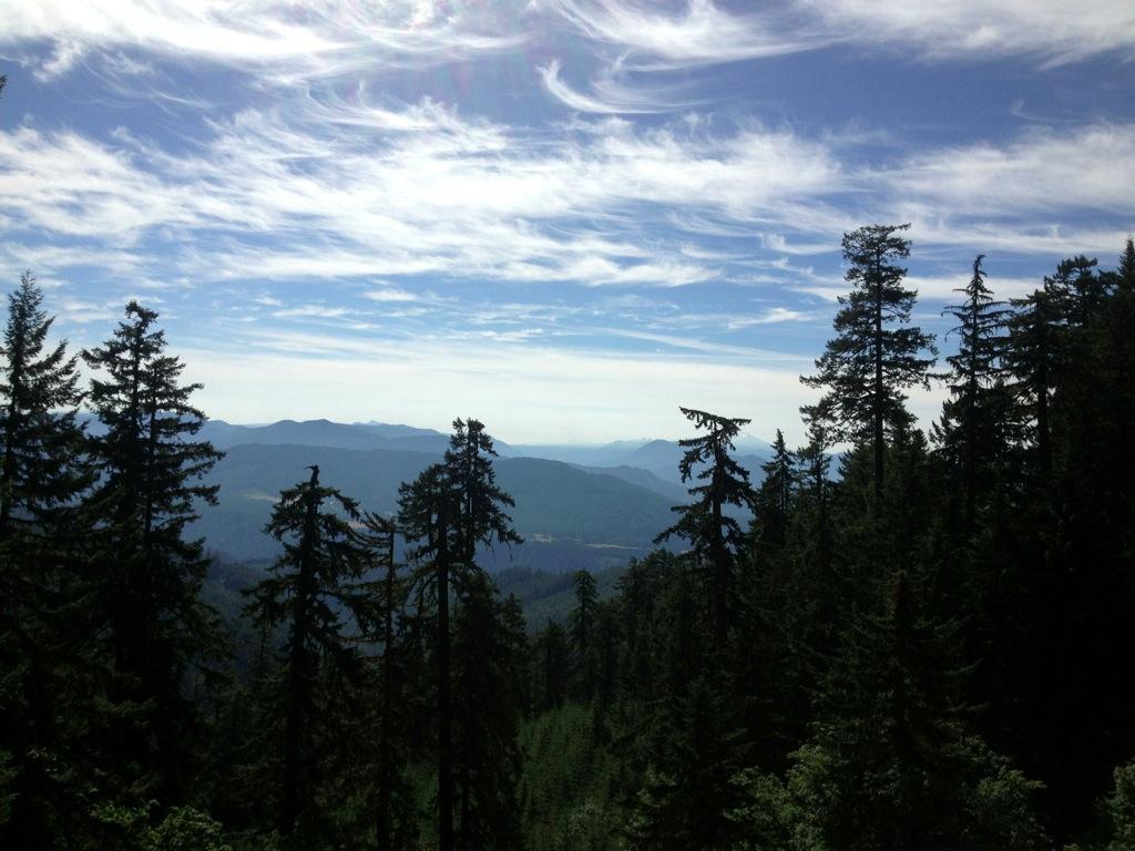 A panoramic view of a mountainous landscape, featuring dense coniferous trees in the foreground. The sky is filled with wispy clouds, hinting at a bright day. In the background, rolling mountains create a serene backdrop underneath a blue sky. Alpine Trail mountain bike trail.