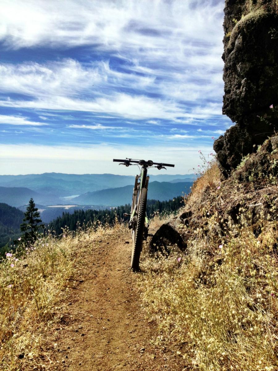 A mountain bike parked on a gravel trail with a scenic view of rolling hills and mountains in the background under a blue sky with wispy clouds. The trail is surrounded by tall grass and wildflowers, giving a sense of nature and adventure. Alpine Trail mountain bike trail.