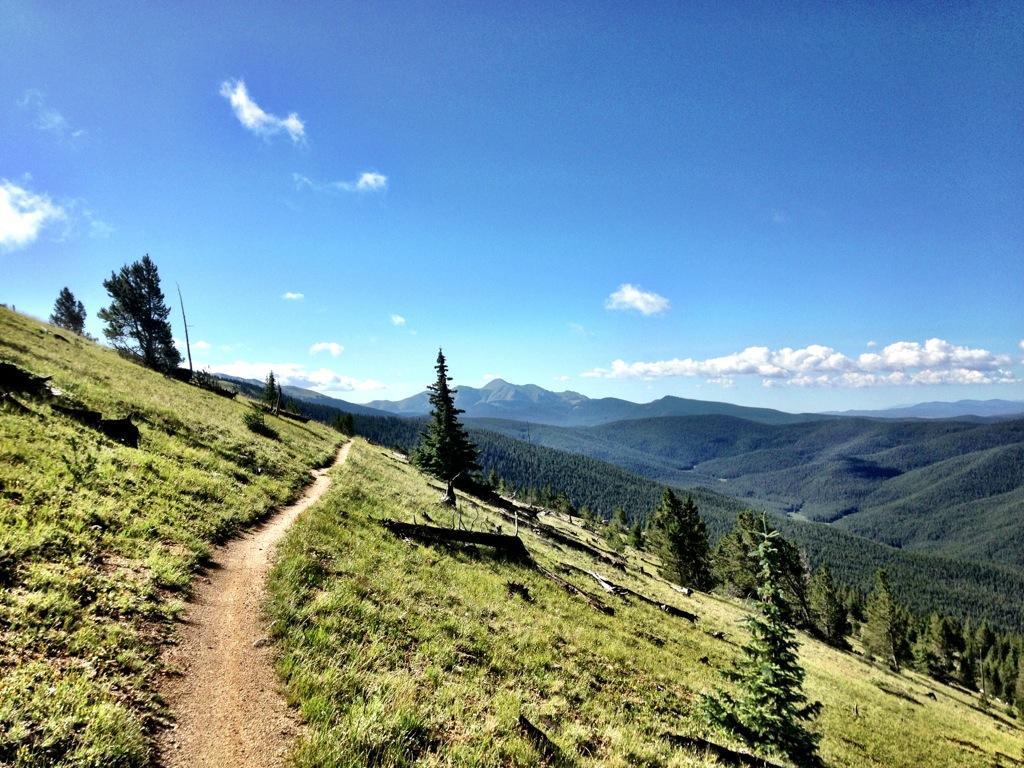 A winding dirt trail leads through a lush green hillside, surrounded by tall trees and expansive mountain ranges under a clear blue sky dotted with fluffy white clouds. Monarch Crest Trail mountain bike trail.