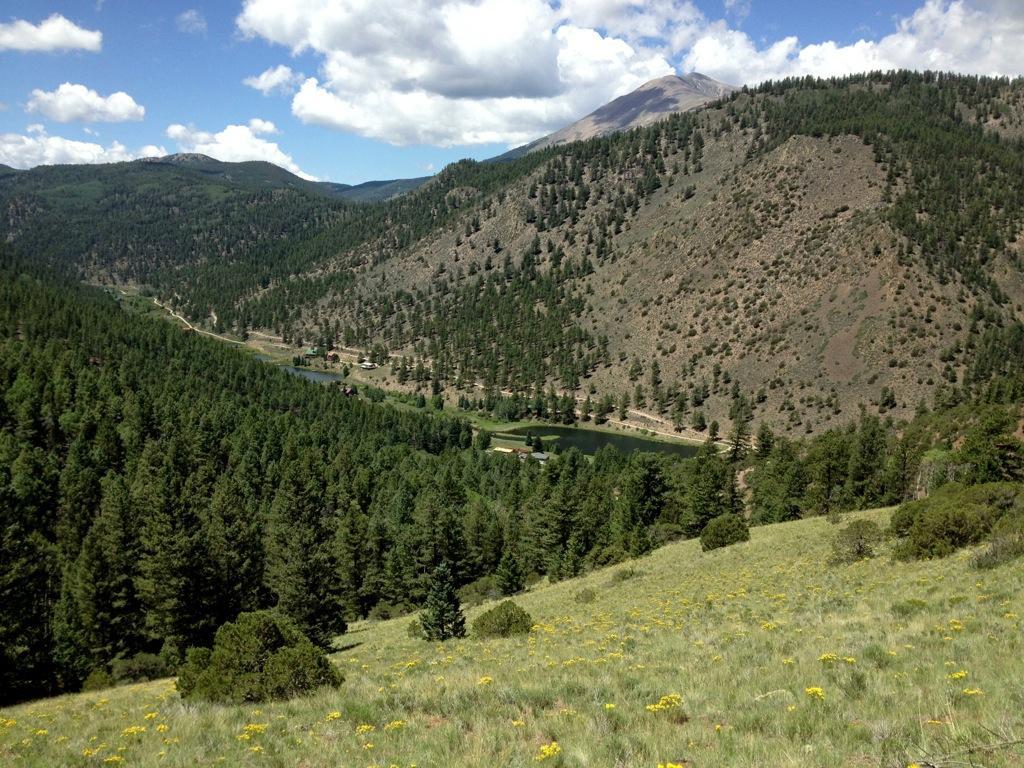 A panoramic view of a mountainous landscape featuring lush green hills, dense pine forests, and a shimmering lake nestled between the hills. The sky is partly cloudy with a few billowy white clouds, and a prominent mountain peak can be seen in the background. Wildflowers dot the grassy foreground, adding bursts of color to the serene natural scene. Rainbow Trail: Silver Creek to Hwy 285 mountain bike trail.