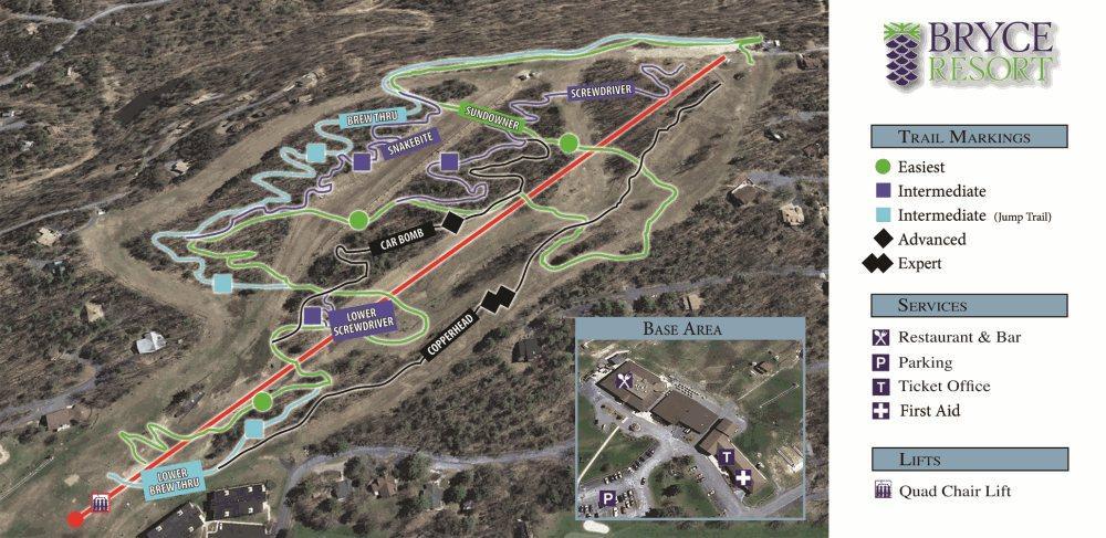 Alt text: Map of Bryce Resort showing ski trails and their difficulty levels, with markings for easiest to expert runs. The base area includes amenities like a restaurant, parking, and first aid. A small inset highlights the location of the base facilities. Bryce Mountain Bike Park mountain bike trail.