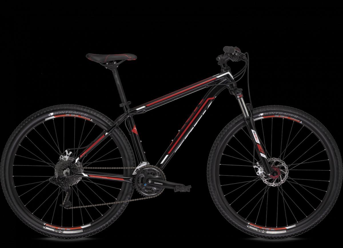 Trek Marlin: A black and red mountain bike with a sleek frame, featuring knobby tires, disc brakes, and a prominent gear system. The bike is displayed against a dark background, highlighting its design and features.