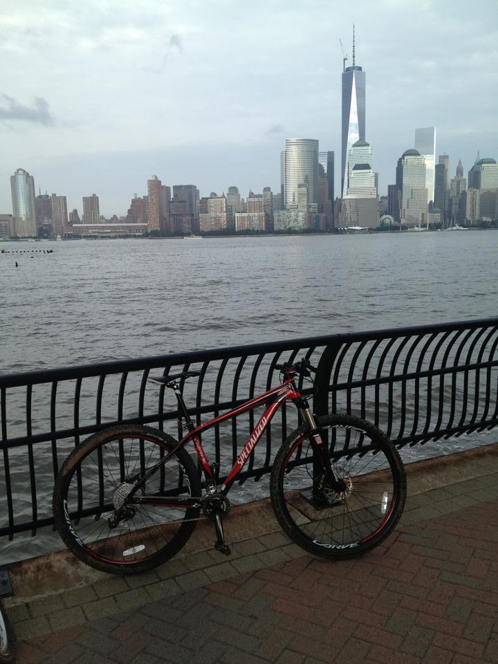 Specialized Carve Comp 29: A red mountain bike is leaning against a black railing along a waterfront promenade, with a city skyline in the background. The skyline features several tall buildings, including a prominent skyscraper, under a cloudy sky. The calm water reflects the cityscape, creating a scenic urban view.