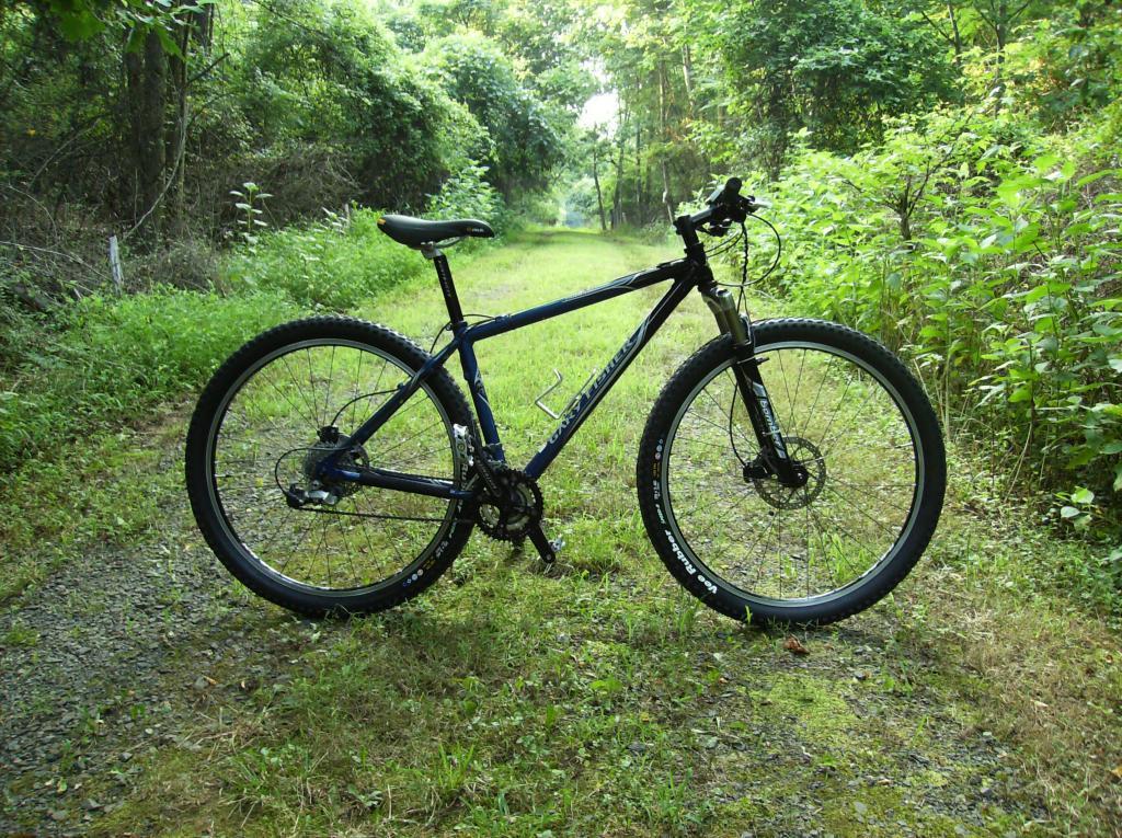Gary Fisher Paragon: A mountain bike parked on a dirt trail surrounded by lush green foliage and trees, indicating a scenic outdoor location. The path is lined with grass and small stones, suggesting a peaceful setting for cycling or hiking.