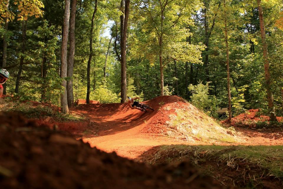 A mountain biker navigating a dirt track in a forested area, leaning into a curve on a dirt jump. Bright sunlight filters through the trees, highlighting the vibrant greenery and reddish-brown soil of the trail. Hilltop Bike Park mountain bike trail.