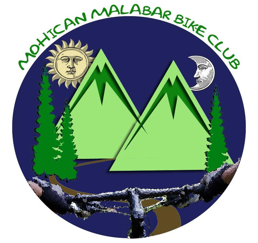 Logo for the Mohican Malabar Bike Club featuring green mountains, a sun, and a moon set against a dark blue background. The design includes trees and a bike handlebar at the bottom, emphasizing outdoor adventure and biking.