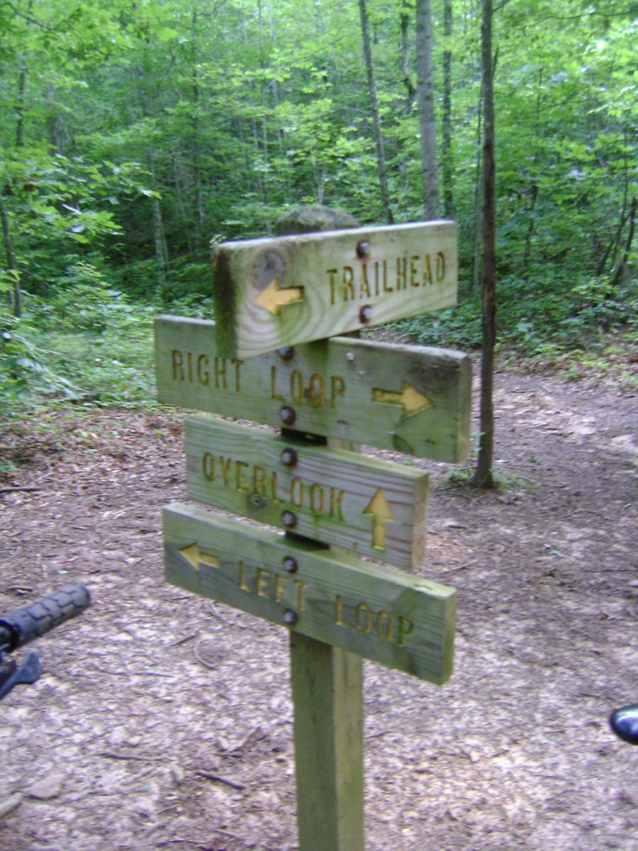 Wooden trail signpost with directional arrows indicating paths for "Trailhead," "Right Loop," "Overlook," and "Left Loop," set against a backdrop of lush green forest. Tsali Left Loop mountain bike trail.