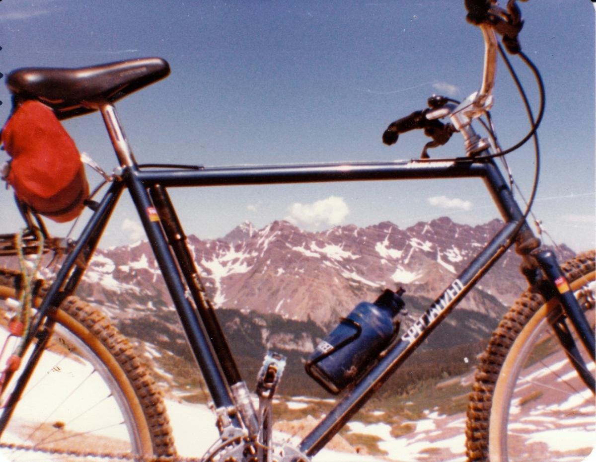 Specialized Stumpjumper: A close-up view of a mountain bike with a blue water bottle attached to the frame, set against a backdrop of snow-capped mountain peaks and a clear blue sky. The bike features a black frame and a red pack on the seat.