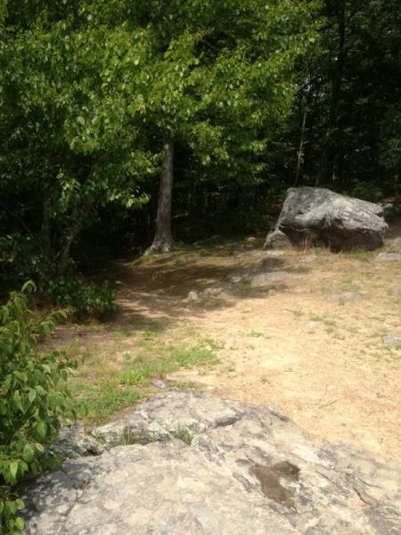 A serene outdoor scene featuring a rocky area with patches of grass, surrounded by trees. A large rock sits nearby, with a dirt path leading off into the lush greenery in the background. The atmosphere is calm and natural, evoking a sense of tranquility. Lincoln Woods mountain bike trail.