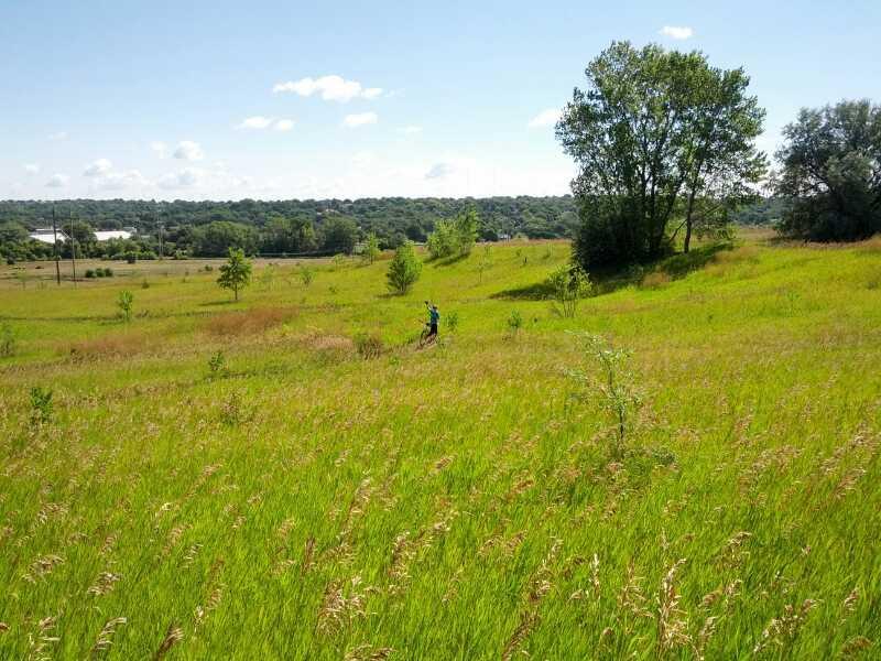 A lush green field under a bright blue sky with scattered clouds. A person is walking in the distance, surrounded by tall grass and small trees. The landscape has a gentle slope, with greenery typical of a natural meadow. Tranquility mountain bike trail.