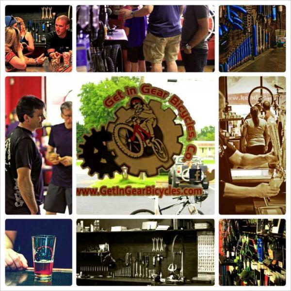 A collage featuring various scenes related to a bicycle shop. Images include people socializing at a bar, individuals engaging in bike repairs, tools and equipment organized on a workbench, and a logo for "Get in Gear Bicycles." The setting suggests a vibrant community atmosphere centered around cycling and bike maintenance.