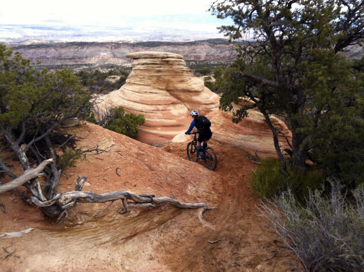 A mountain biker navigating a winding trail through rugged, rocky terrain featuring unique rock formations and scattered vegetation. The Ribbon mountain bike trail.