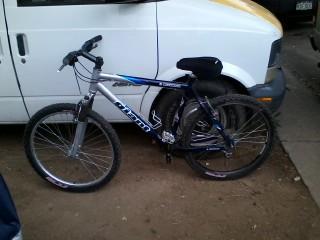 Giant Iguana: A mountain bike parked next to a white van on a dirt surface. The bike features a silver and blue frame with black tires and a black seat.