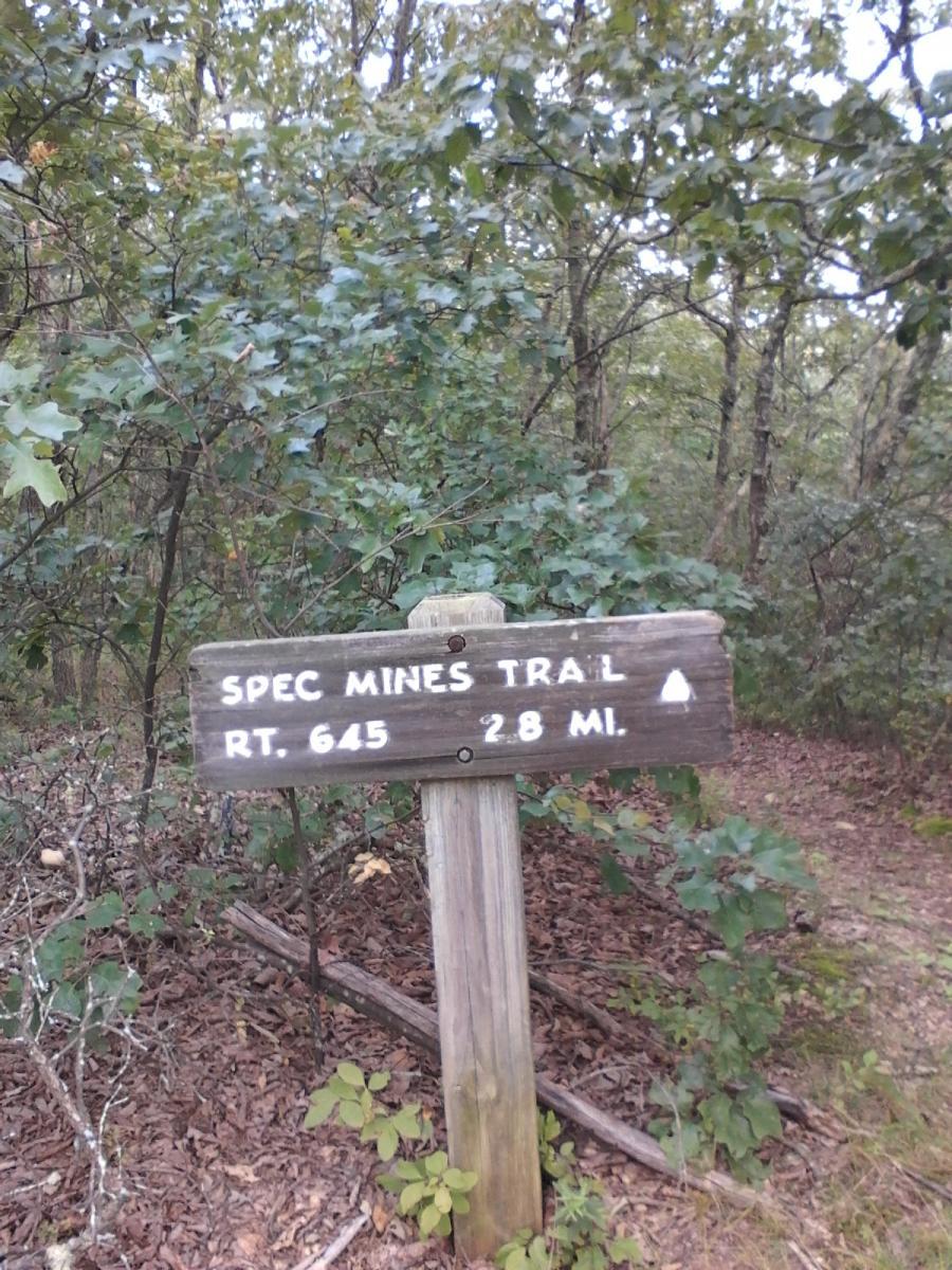 Wooden trail sign marking the "Spec Mines Trail" with a distance of 2.8 miles to Route 645, surrounded by green foliage and trees. Spec Mines Trail mountain bike trail.