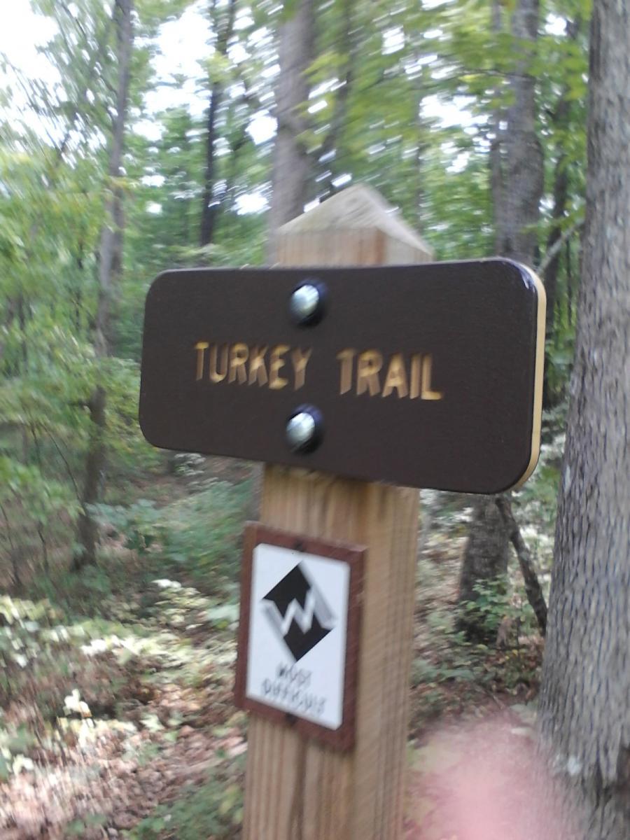 A wooden trail sign indicating "Turkey Trail," mounted on a post in a wooded area. The sign has a dark background with gold lettering, and there is also a warning sign below it with a mountain symbol. Trees and foliage can be seen in the background, creating a natural setting. Dragon's Back mountain bike trail.