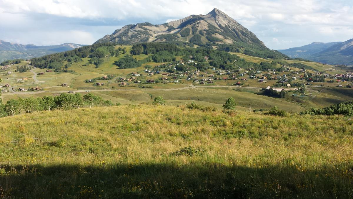 A scenic view of a mountainous landscape featuring rolling hills and a small town nestled in the valley below. The foreground showcases tall grasses and wildflowers, while the background features a prominent peak with trees covering its slopes, under a partly cloudy sky. Snodgrass mountain bike trail.