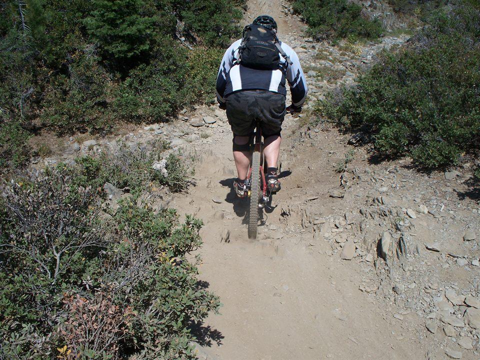 A mountain biker riding down a rocky trail surrounded by dense shrubs and trees. The view is from behind the cyclist, showcasing the challenging terrain and the rider's gear, including a helmet and backpack. Dust is kicked up from the trail, emphasizing movement and the outdoor setting. Downieville Downhill mountain bike trail.