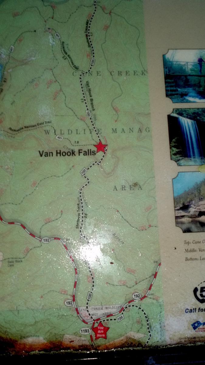 Map of the Van Hook Falls area, showing trails, roads, and notable landmarks such as Cane Creek. Key points are highlighted, including the "You Are Here" location marker, and images of the falls are displayed on the right side. Sheltowee Trace - Laurel Lake Trail mountain bike trail.
