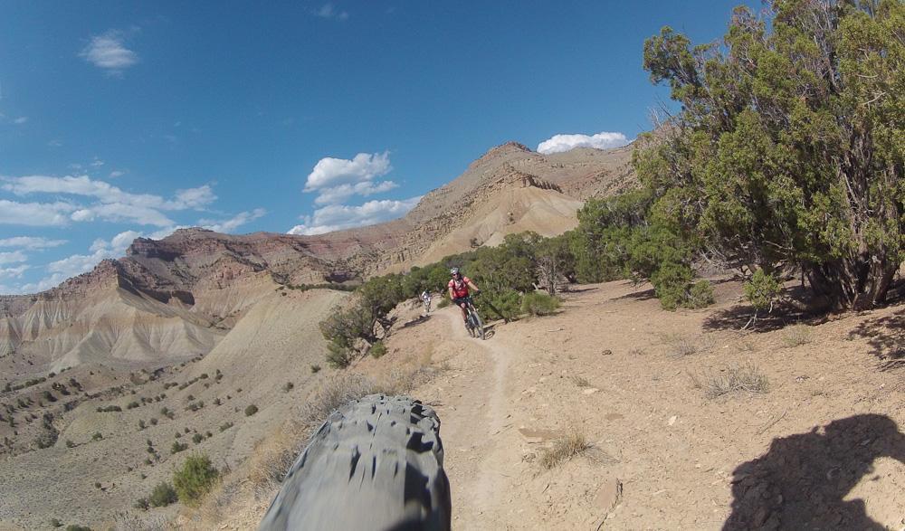 A mountain biker rides along a dirt trail surrounded by desert landscape, with rugged mountains in the background and a clear blue sky overhead. The foreground shows the wheel of the bike and patches of vegetation along the path. Zippety Do Dah mountain bike trail.