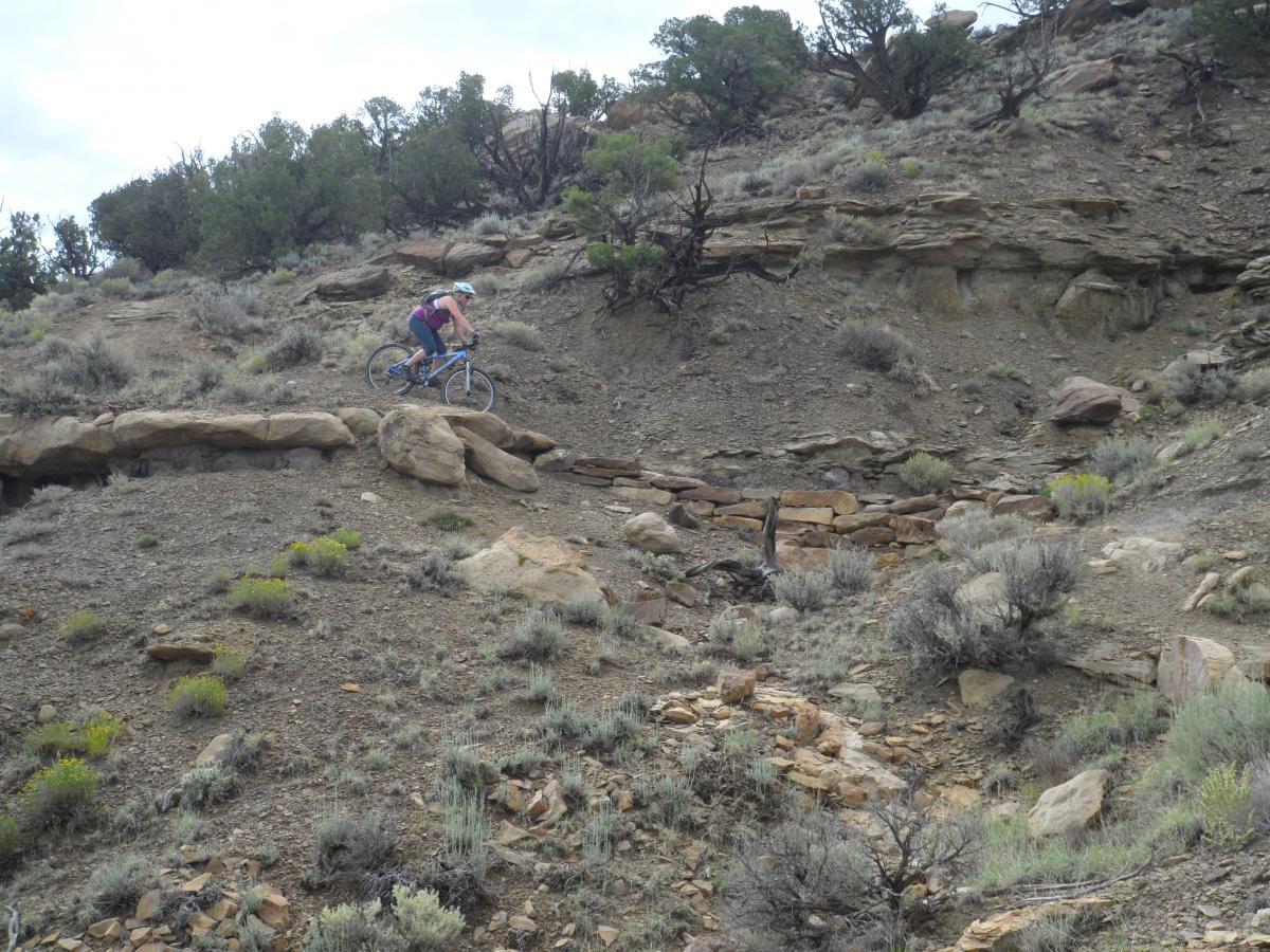 A mountain biker navigating a rocky trail on a hillside, surrounded by shrubs and sparse trees under a cloudy sky. High Desert Trail System mountain bike trail.