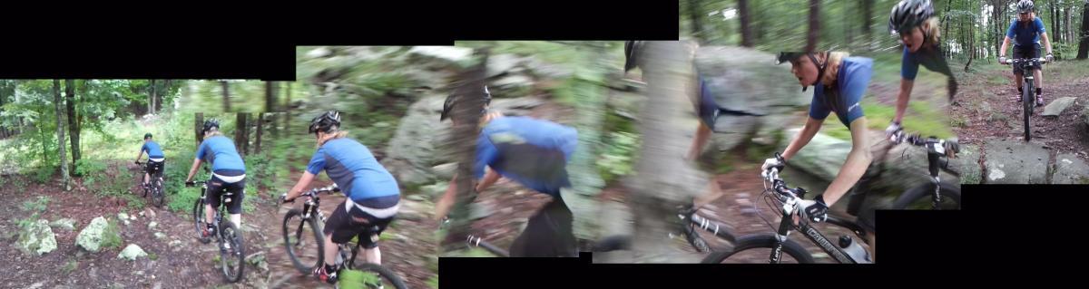 A montage of a person mountain biking through a forest trail, showcasing dynamic movement. The cyclist, dressed in a blue shirt and helmet, navigates rocky terrain surrounded by trees and foliage. The sequence captures various angles and moments of the ride, emphasizing the speed and excitement of the outdoor activity. DeSoto State Park mountain bike trail.