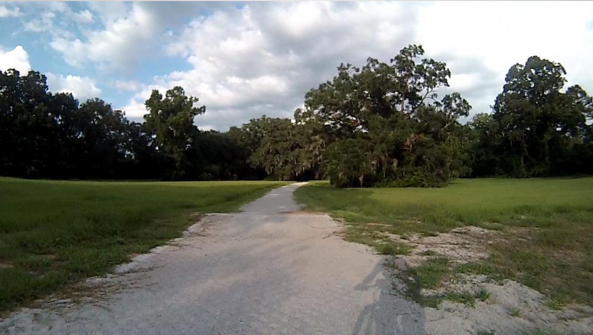 A gravel path leading through a green field surrounded by trees under a partly cloudy sky. The scene captures a tranquil outdoor setting, inviting exploration. Miccosukee Canopy Road Greenway mountain bike trail.