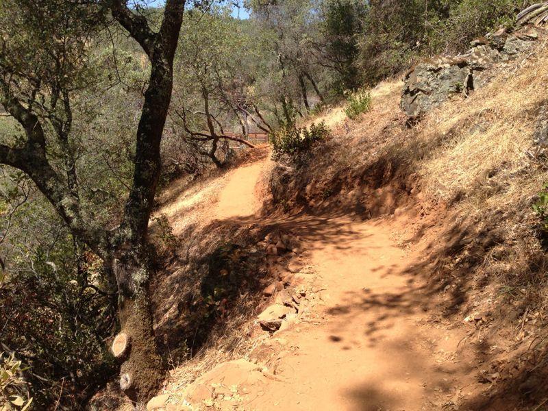 A winding dirt path through a wooded area, lined with trees and dry grass, leading off into the distance. The path is surrounded by rocky terrain and vegetation, suggesting a natural hiking trail in a sunny environment. Hidden Falls Regional Park mountain bike trail.