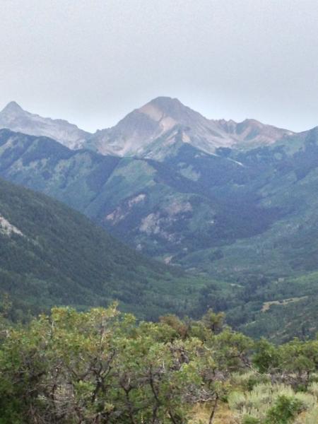 A scenic view of a mountainous landscape featuring a prominent peak with gentle slopes covered in greenery. The foreground includes lush vegetation, while the background showcases a range of mountains under a cloudy sky. The overall atmosphere conveys a serene natural environment. Rim Trail mountain bike trail.