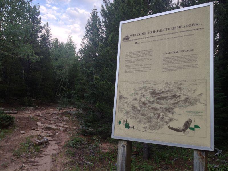 Signpost at Homestead Meadows displaying information about the area, surrounded by tall green trees and a dirt path leading into the woods. The sign features a map and text highlighting the natural importance of the site. Lion Gulch mountain bike trail.