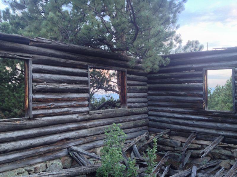 Alt tag: "Two weathered log cabin walls with empty windows and overgrown vegetation surrounding the base, set against a backdrop of trees and a distant view." Lion Gulch mountain bike trail.