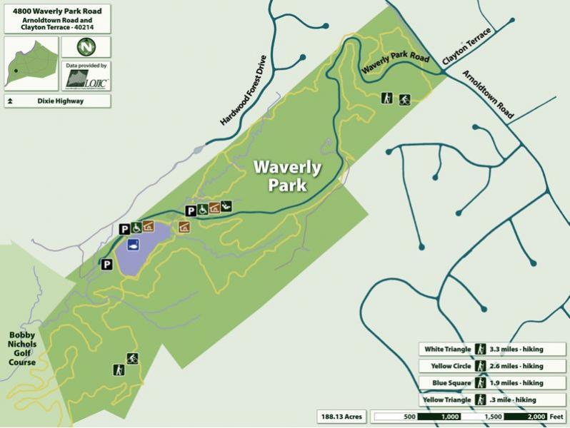 Map of Waverly Park, showing trails and features. The map includes parking areas, trail lengths (e.g., White Triangle: 3.3 miles, Yellow Circle: 2.6 miles), and the layout of pathways for hiking within Waverly Park, located at 4800 Waverly Park Road, alongside Bobby Nichols Golf Course. Canal Loop mountain bike trail.