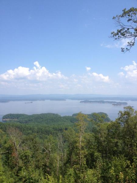 A scenic view from a high vantage point overlooking a serene lake surrounded by lush green forested hills under a blue sky with fluffy white clouds. Lake Ouachita Vista Trail (LOViT) mountain bike trail.