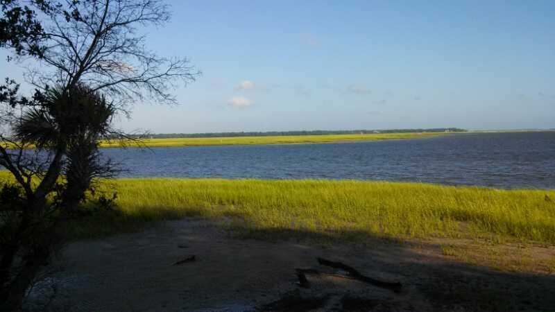 A scenic view of a coastal landscape featuring a calm body of water in the foreground, with vibrant green grass and marshland extending to the horizon. The sky is partly cloudy, creating a tranquil atmosphere. Sparse trees frame the left side of the image. Pinckney Island mountain bike trail.