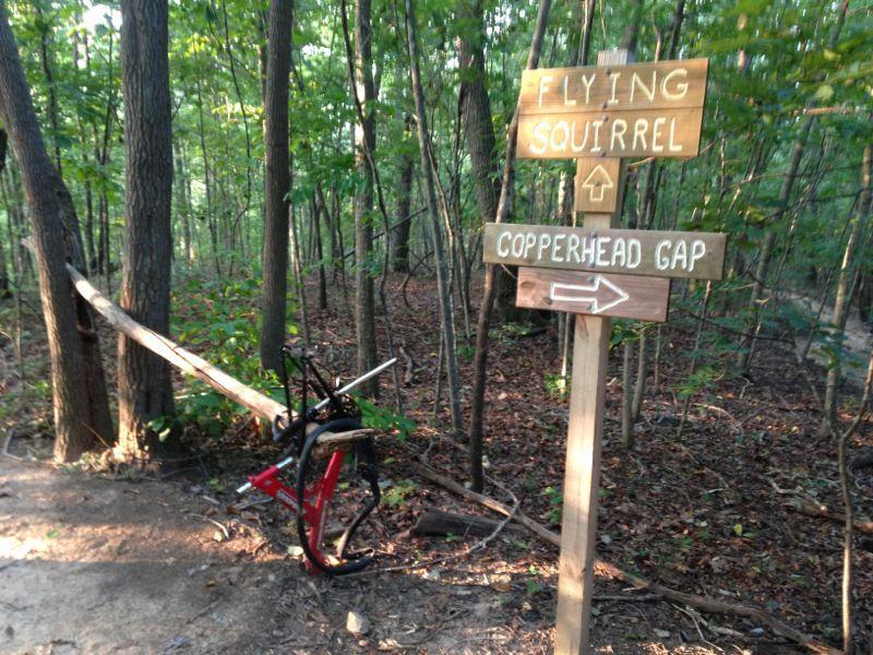 A wooden signpost in a forested area with two directional signs labeled "Flying Squirrel" pointing upwards and "Copperhead Gap" pointing to the right. In the foreground, there is a partially visible red mountain bike leaning against a log. The scene is filled with green trees and brown leaves on the ground, suggesting a natural outdoor setting. Chicopee Woods mountain bike trail.