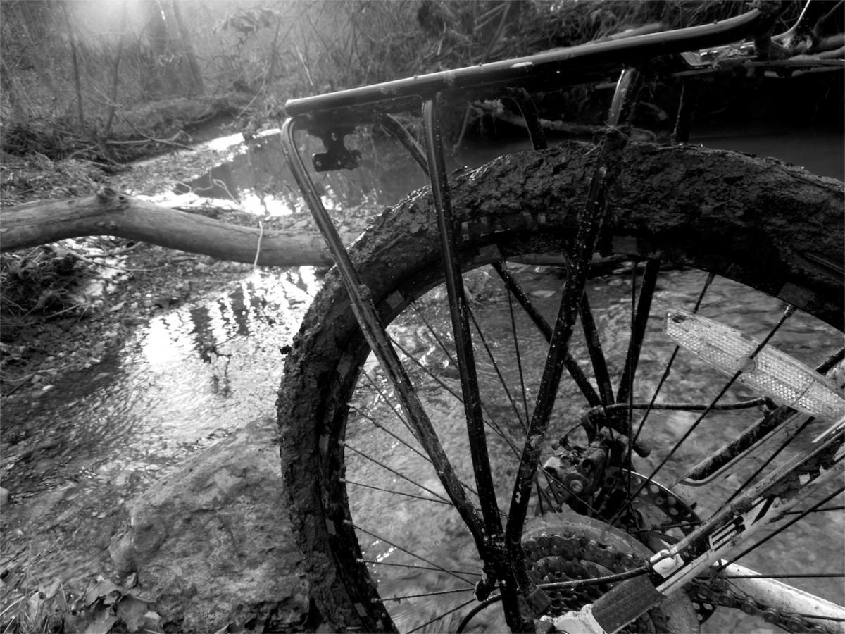 A close-up view of a muddy bicycle wheel, with a partially visible frame and pedals, positioned near a flowing creek. In the background, a fallen log crosses the water, and the scene is captured in black and white, highlighting the natural setting and textures of the mud and water. Whitney State Forest mountain bike trail.