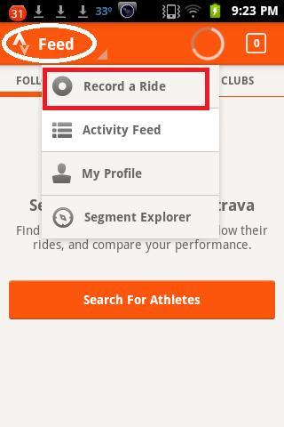 Strava: Screenshot of a mobile app interface featuring a "Feed" section. There is a dropdown menu with options including "Record a Ride," "Activity Feed," "My Profile," and "Segment Explorer." The background has a bright orange theme, and a "Search For Athletes" button is visible at the bottom.