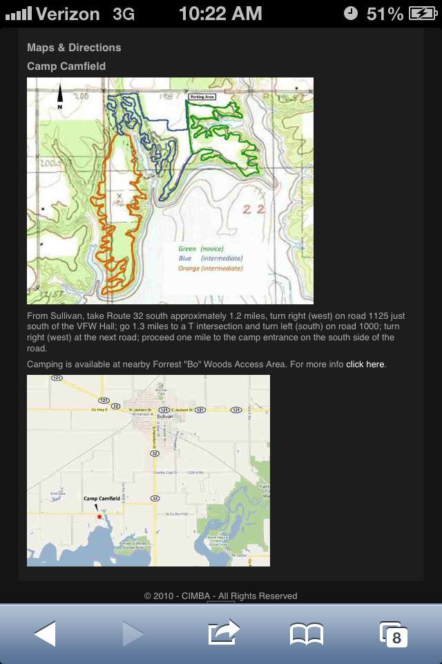 Map and directions for Camp Camfield, including route details and a parking area. The map features marked trails for different skill levels: green for novice, blue for intermediate, and orange for advanced. Additional information on camping availability at nearby Forrest "Bo" Woods Access Area is also included. Camp Camfield mountain bike trail.