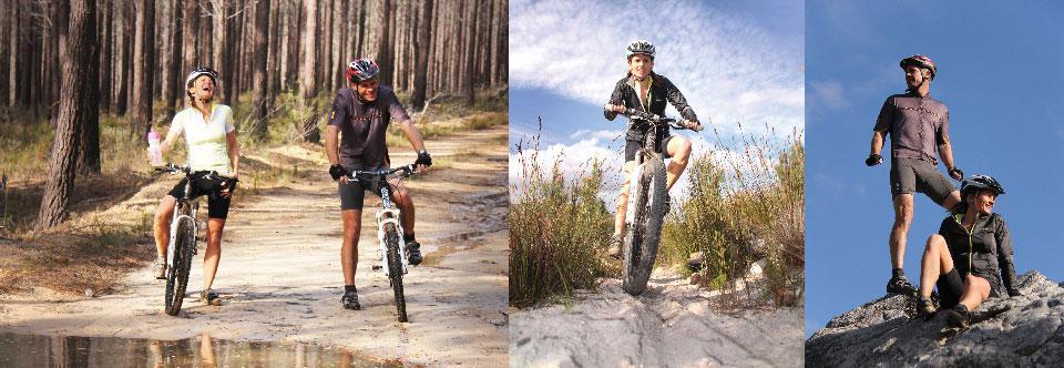 A collage featuring four mountain bikers enjoying outdoor trails. The left image shows a woman and a man smiling and walking their bicycles along a forest path with tall trees. The center-left image captures a woman riding a mountain bike on a dirt path surrounded by grass and greenery. The right image shows a man and a woman on rocky terrain, with the man standing confidently on a rock while the woman sits beside him. The sunny weather and natural landscapes highlight their adventurous spirit. Lebanon Red trail mountain bike trail.