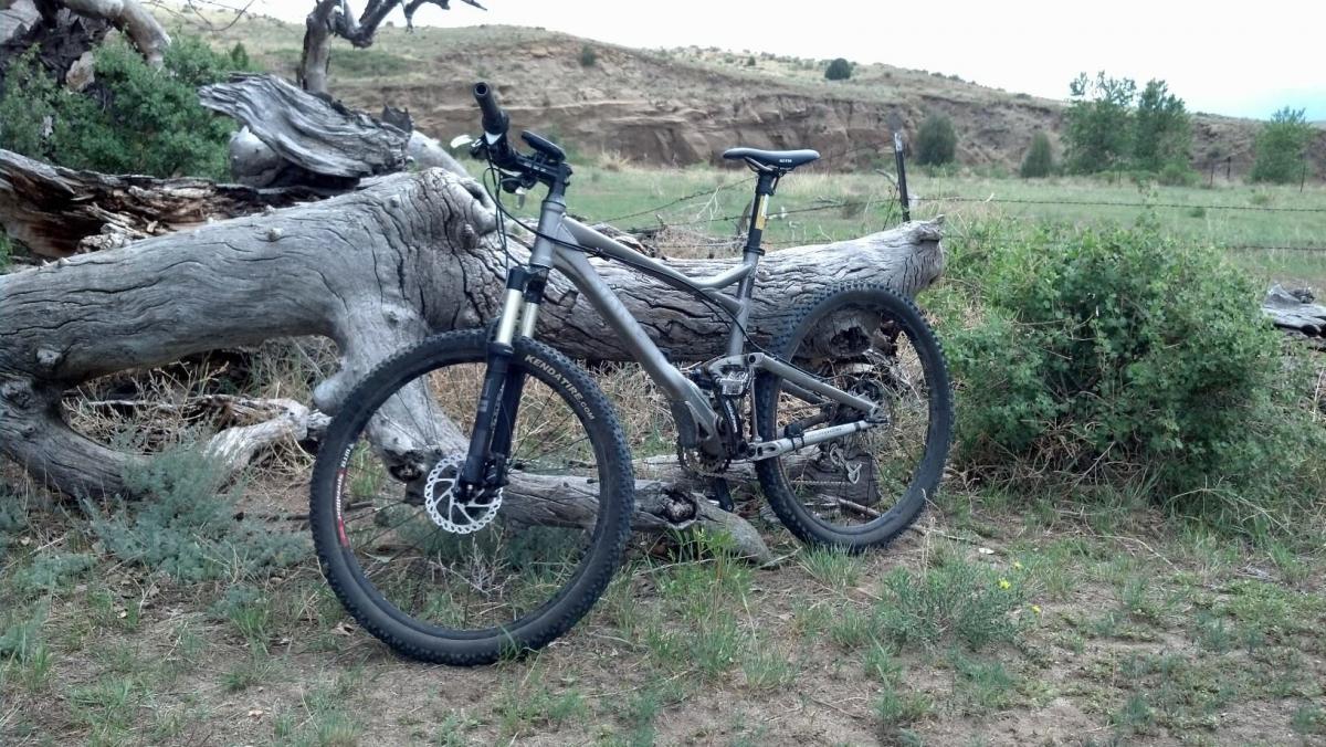 Giant Trance 1: A mountain bike stands beside a large fallen log in a grassy area with sparse vegetation and rolling hills in the background.