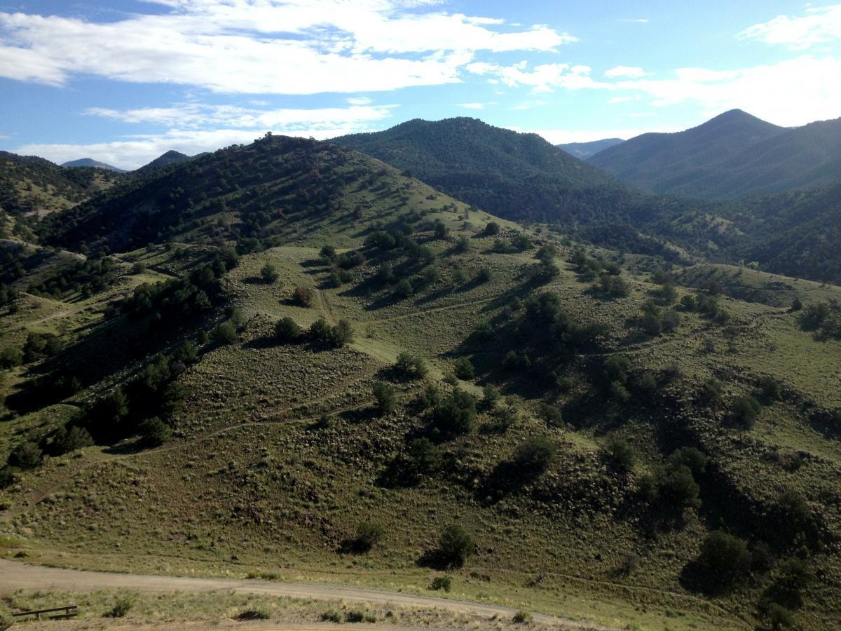 A scenic view of rolling green hills and mountains under a partly cloudy blue sky, with sparse trees dotting the landscape. The foreground features gentle slopes, leading into a more rugged terrain in the background. Arkansas Hills mountain bike trail.