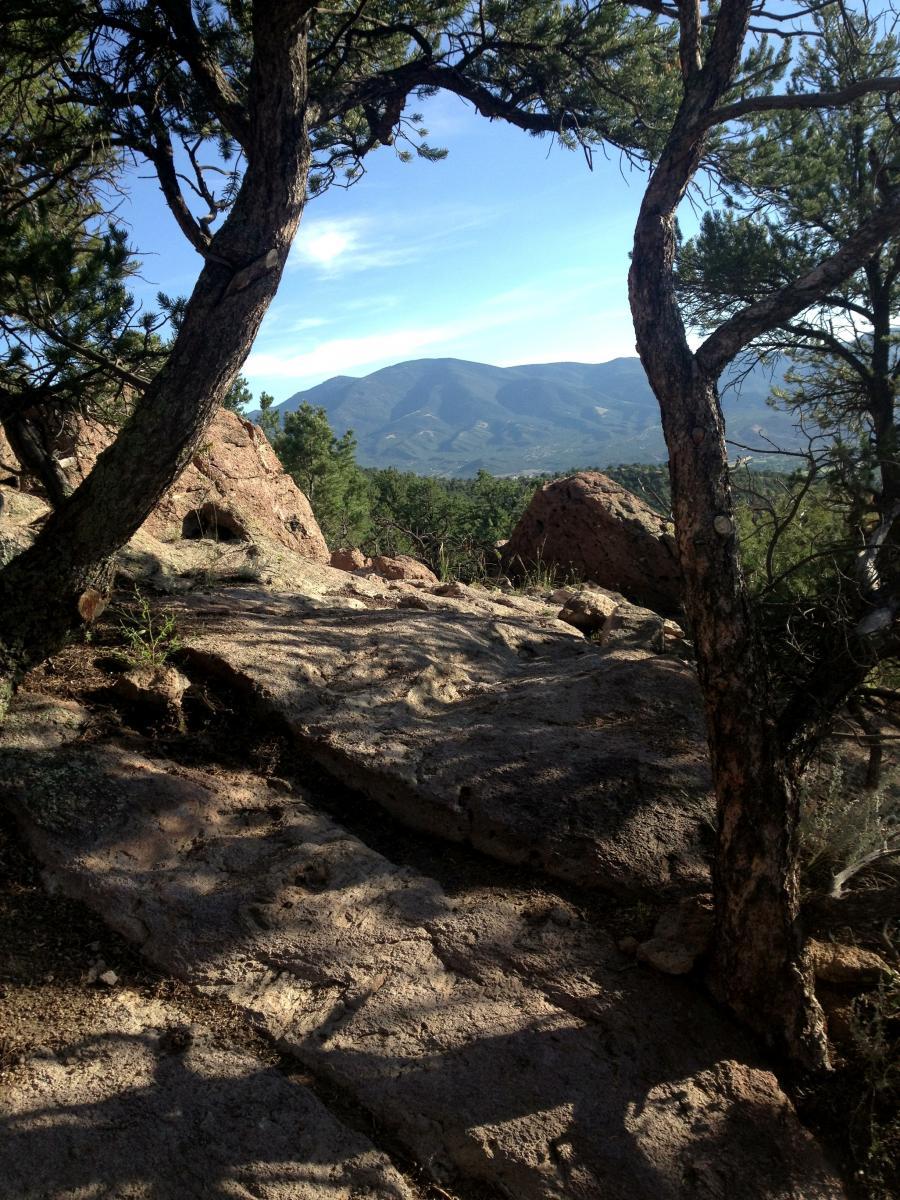 A scenic view of mountains framed by trees, with rocky terrain in the foreground and a clear blue sky above. North Backbone mountain bike trail.