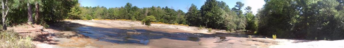 A panoramic view of a natural landscape featuring smooth, rocky terrain with patches of water and surrounding greenery. Tall trees and shrubs frame the scene, with a bright blue sky overhead. The area appears serene and untouched, showcasing a blend of earth tones and vibrant foliage. Tribble Mill Park mountain bike trail.