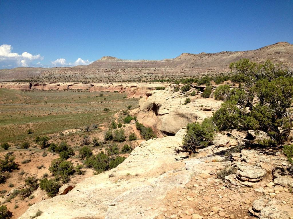 A scenic landscape featuring rocky cliffs and rolling hills under a clear blue sky. The foreground includes patches of green vegetation, while the background displays layered rock formations and distant mountains. The terrain is mostly arid with a mix of land features typical of desert or semi-desert environments. Mary's Loop / Horsethief Bench mountain bike trail.