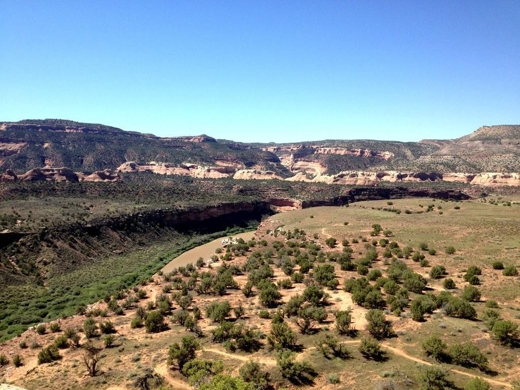 A panoramic view of a canyon landscape, featuring layered rock formations and a meandering river surrounded by greenery. The sky is clear and blue, highlighting the rugged terrain and diverse vegetation in the foreground. Mary's Loop / Horsethief Bench mountain bike trail.