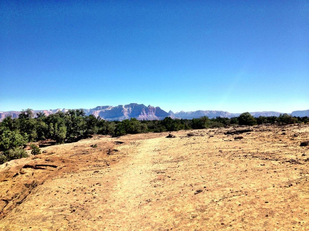 Wide view of a rocky landscape under a clear blue sky, with distant mountains visible on the horizon and sparse vegetation in the foreground. Gooseberry Mesa mountain bike trail.