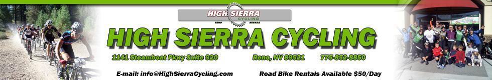 Banner for High Sierra Cycling featuring a group of cyclists riding on a dirt path, set against a green forest background. The banner includes the business name, address in Reno, Nevada, contact information, and details about road bike rentals available for $50 per day.