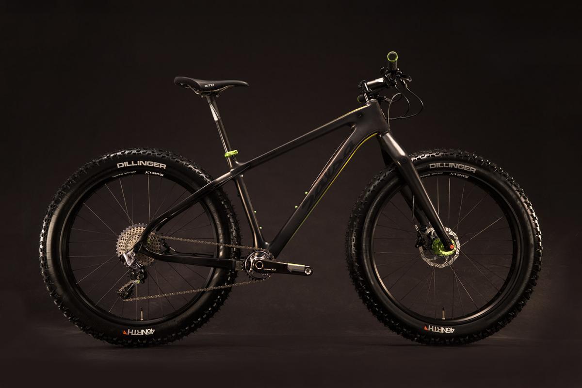 Salsa Beargrease: A sleek black mountain bike with wide tires, featuring a minimalist design and green accents. The bike is positioned against a dark background, highlighting its frame, tires labeled "Dillinger," and detailed components such as the chain and pedals.