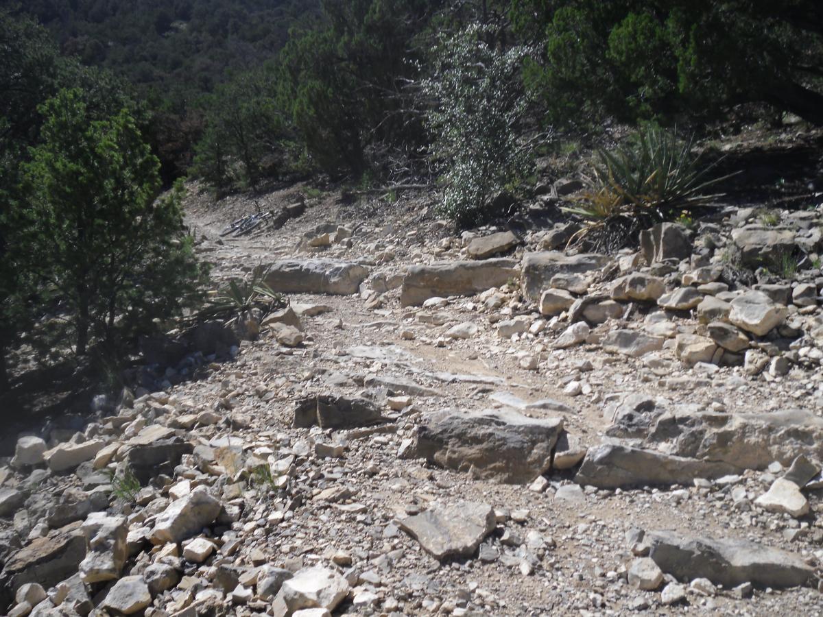 A rocky hiking trail surrounded by sparse vegetation, leading through a mountainous area. The path is uneven and filled with various sizes of stones and boulders, with trees and shrubs visible in the background. Tunnel Canyon mountain bike trail.