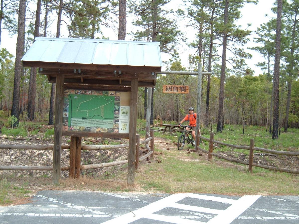 A mountain biker in an orange shirt and helmet stands next to a trailhead sign marked "Sand Title Trail," which features a map and information about the trail. The area is surrounded by tall pine trees and has a gravel path leading off into the woods. The ground is dotted with pine needles, and a wooden fence lines the trail entrance. Silver River State Park mountain bike trail.