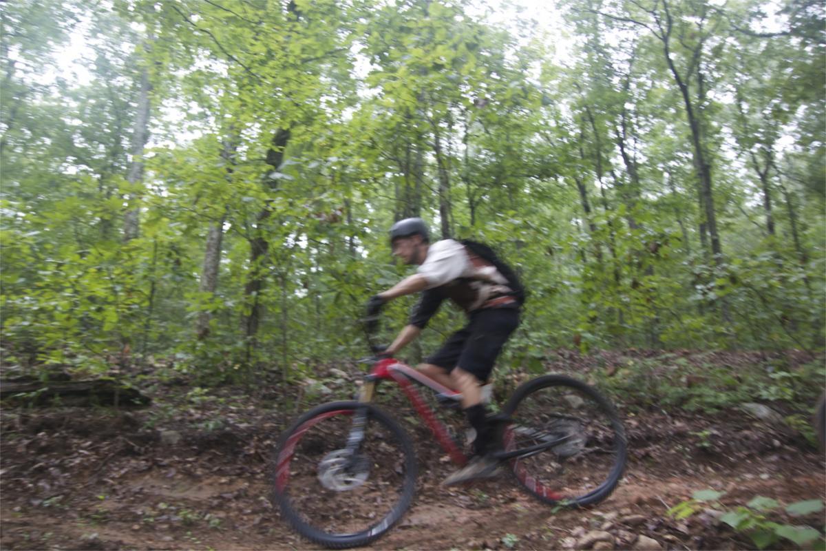 A person riding a mountain bike on a dirt trail in a lush, green forest. The rider is wearing a helmet and gloves, and appears to be focused on navigating the terrain. The background features dense foliage and trees, suggesting an outdoor recreational setting. Coldwater Mountain mountain bike trail.